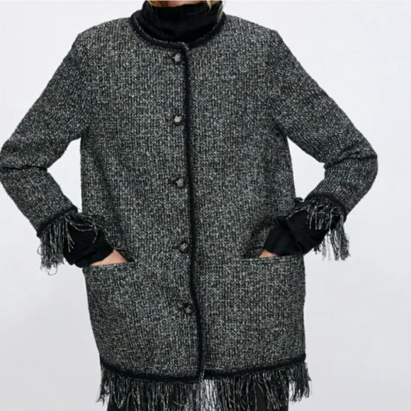 ZARA WOMEN BLACK TWEED JACKET WITH METALLIC THREAD SIZE XS - Picture 5 of 9